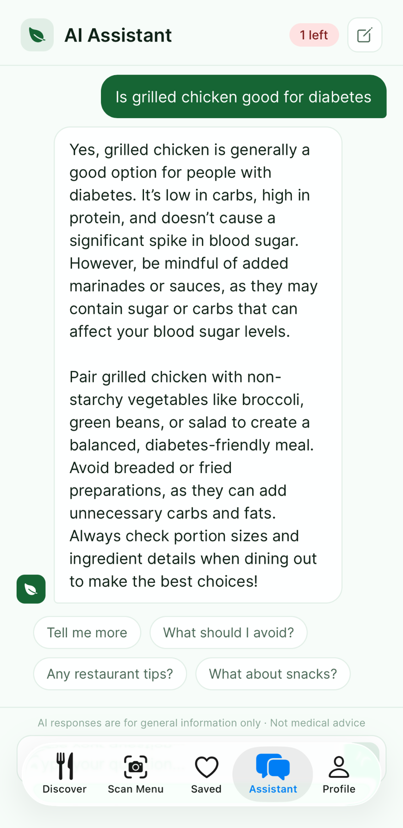 DiabEats AI assistant answering a food question