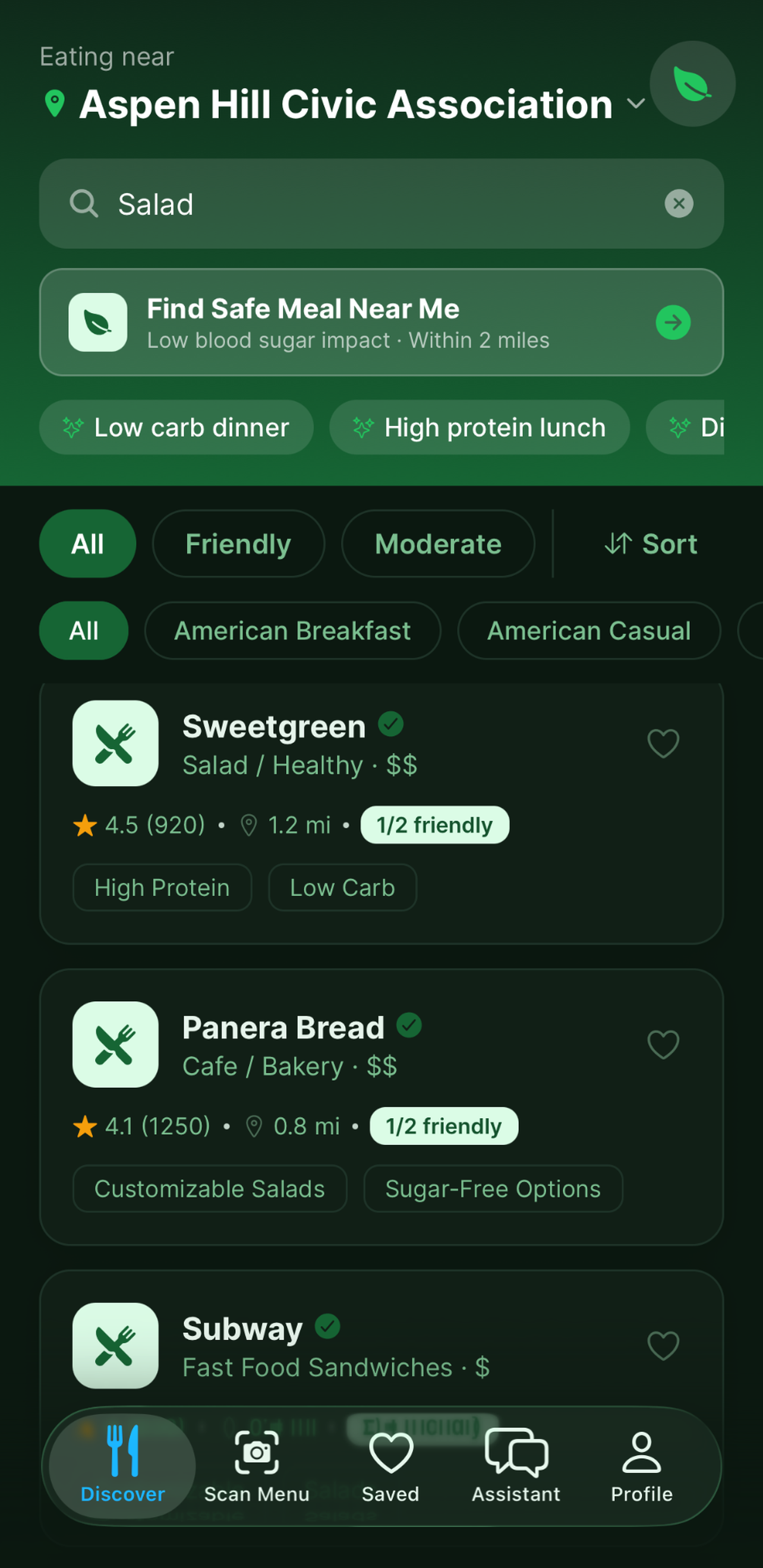DiabEats restaurant discovery screen